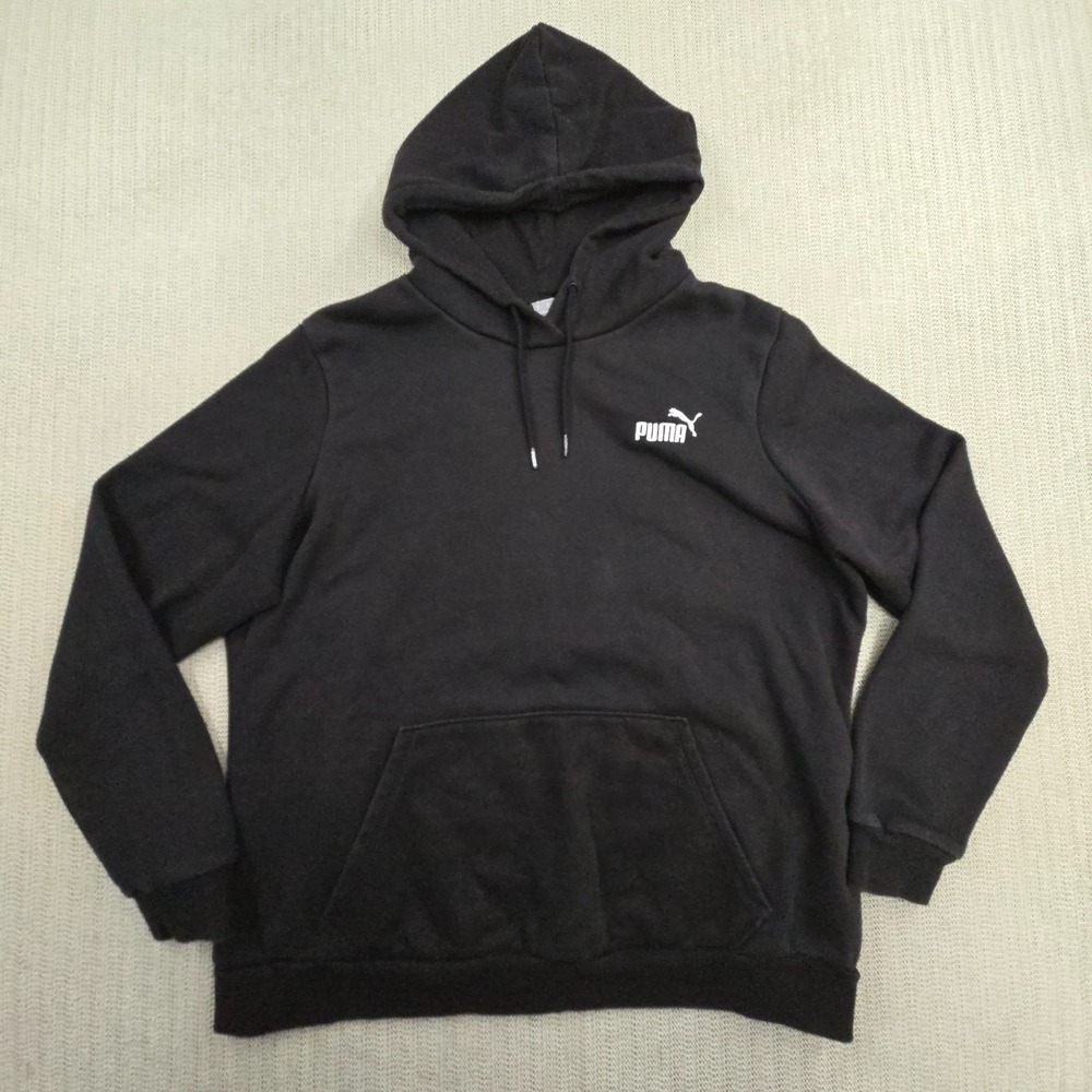 Puma Hoodie Sweatshirt‎ Mens XL Black Cat Logo Pullover Fleece Kangaroo Pocket